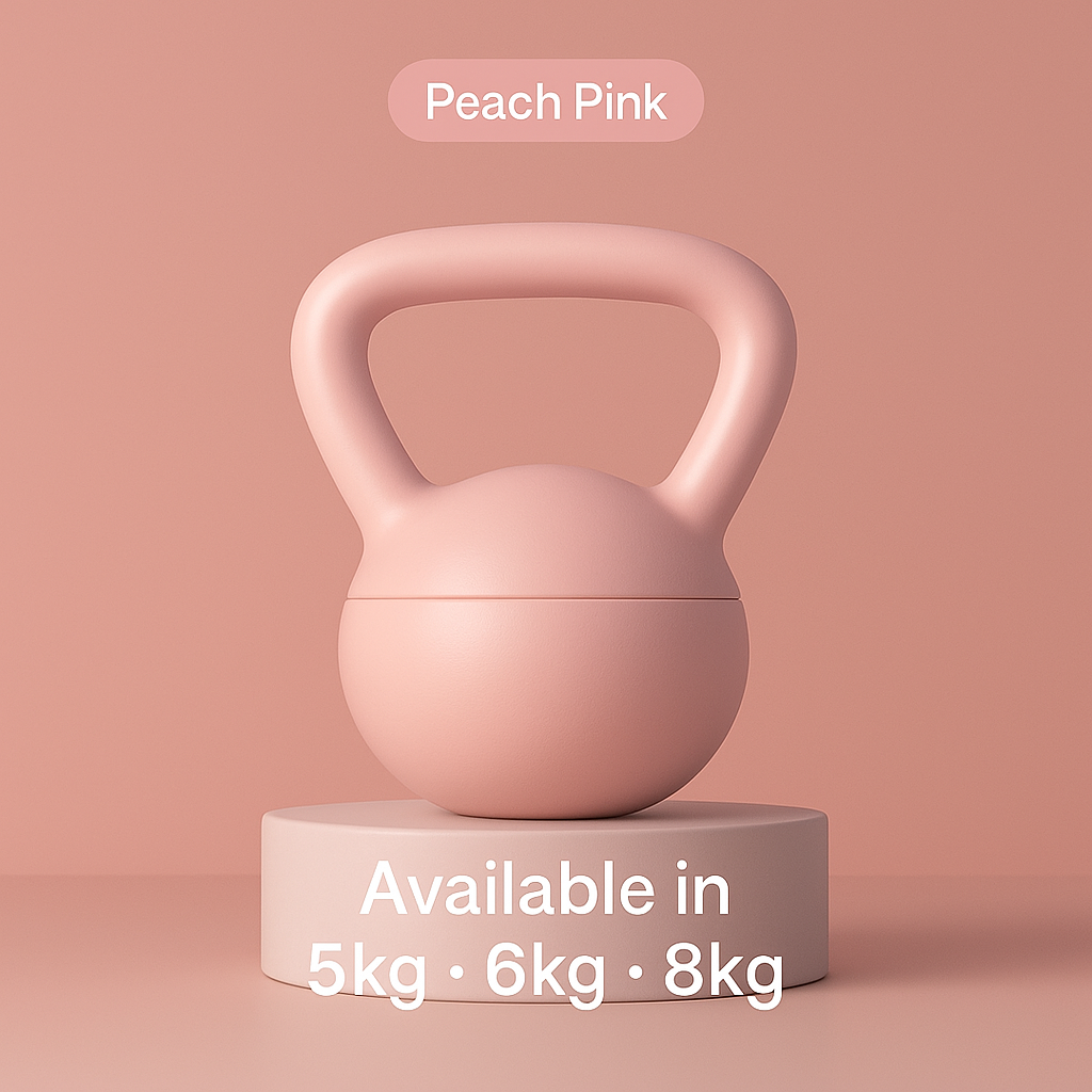 Close-up of AuraBell soft PVC kettlebell in peach pink and purple